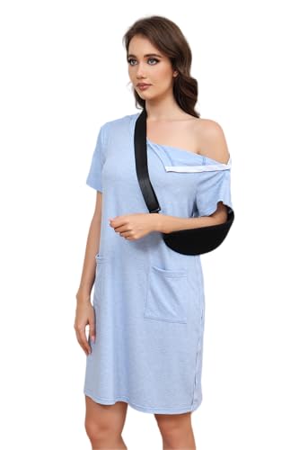 Women's Post Shoulder Surgery Tear Away Dress Short Sleeve Full Open Side Snap Adaptive Clothing with Pockets - color: Blue, size: Small