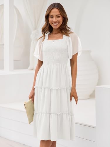 LILLUSORY Women Tiered Flutter Sleeve Square Neck Smocked Midi Dress - color: White, size: Small