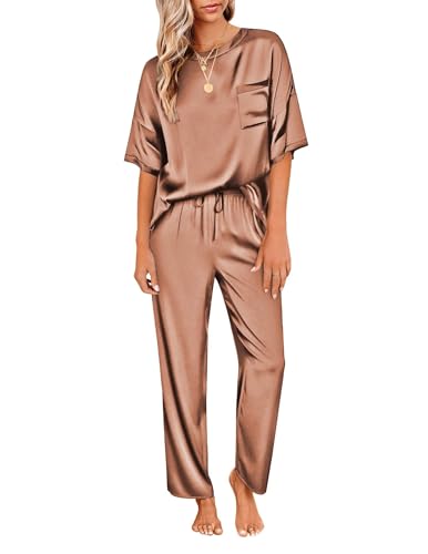 Ekouaer Pajamas for Women Set Silky Satin 2 Piece Lounge Sets with Pockets - color: Brown, size: Small