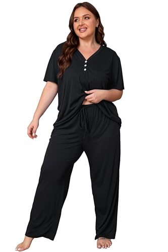 Vozanet Women's Plus Size Pajama Sets V Neck Pants Sets Solid Color Button Sleepwear Soft Loungewear Nighty with Pockets - color: Black, size: 5X-Large