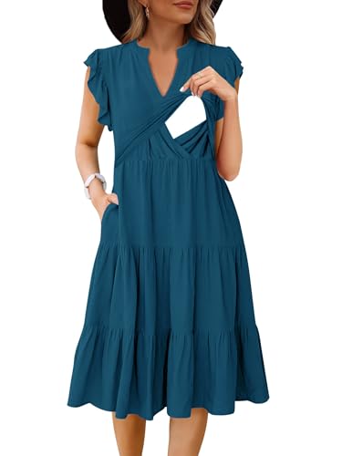 CzzzyL Womens Nursing Midi Dress Breastfeeding Sleeveless Tiered Pockets - color: Blue, size: Large