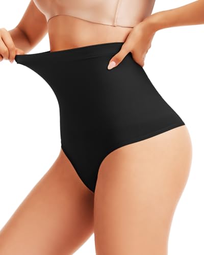 Seamless High Waisted Tummy Control Shapewear Thong - color: Black, size: Small