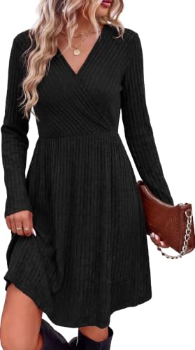 WIH0LL Womens Fall Dresses 2026 Long Sleeve Wrap Sweater Dress with Pockets - color: Black, size: Medium