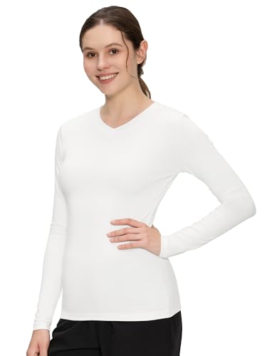 COZYFIT Women’s Underscrub Tee, V-Neck Long Sleeve Undershirt - color: White, size: Small