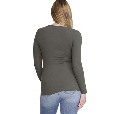 Motherhood Maternity Women's Long Sleeve Square Neck Ribbed Pregnancy T-Shirt - color: Thyme, size: Medium