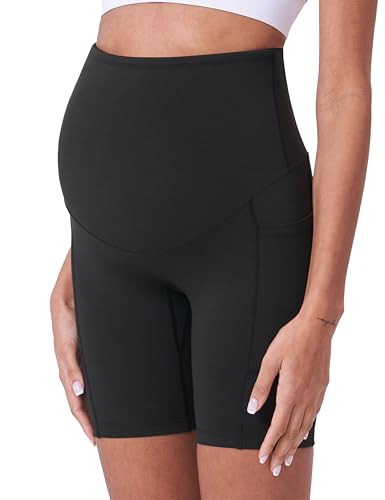 POSHDIVAH 3/4 Pack Maternity Biker Shorts Over The Belly with Pockets 5"/8" - color: Black/Black/Pink/Navy Blue 8", size: Medium