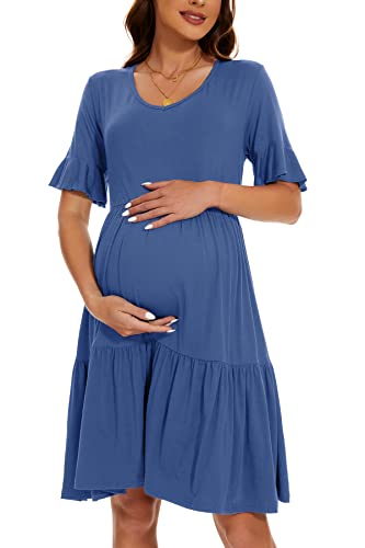Smallshow Women's Maternity Dress Ruffle Short Sleeve Pregnancy Clothes - color: Grey Blue, size: Medium