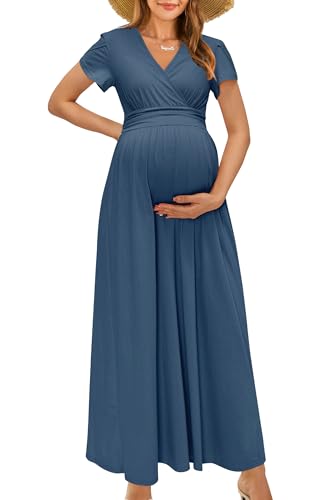OUGES Women's Wrap V Neck Summer Maternity Photoshoot Dress with Pockets - color: Gray Blue, size: Large
