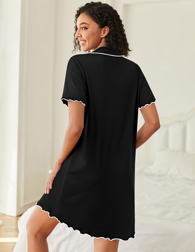 Ekouaer Cotton Nightgowns for Women Button Down Sleep Shirts Night Shirts - color: Black, size: Small
