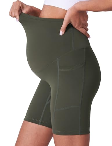 POSHDIVAH 3/4 Pack Maternity Biker Shorts Over The Belly with Pockets 5"/8" - color: Black/Grey/Green 8", size: X-Large