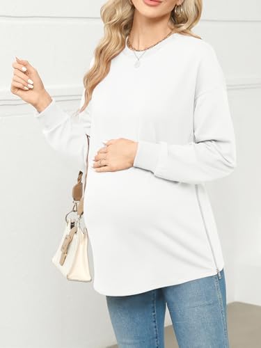 Women's Maternity Shirts Long Sleeve Sweatshirt Zipper Split Side Pregnancy Casual Tunic Top - color: Off-white, size: XX-Large