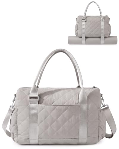 Gym Bag for Women with Yoga Mat Holder, Small Mini Gym Tote Bag Puffy Quilted Lightweight Sports Duffel Bag with Wet Compartment for Dance Yoga Workout Travel - Grey - color: Grey