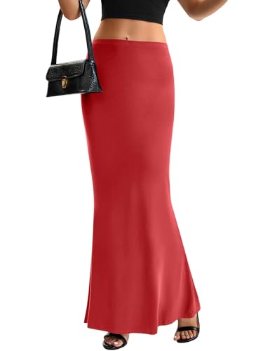 KIFOVEN Women's High Waist Elastic Maxi Skirt - color: Bright Red, size: Large