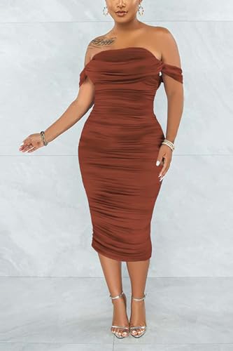 Fooullaide Women's Sexy Off Shoulder Sleeveless Bodycon Ruched Midi Dress - color: 88-copper, size: Medium