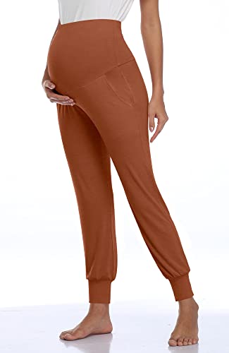 AMPOSH Women's Maternity Pants Stretchy Lounge Workout Sweatpants Casual Loose Comfy Pregnancy Joggers with Pockets - color: Caramel, size: Medium