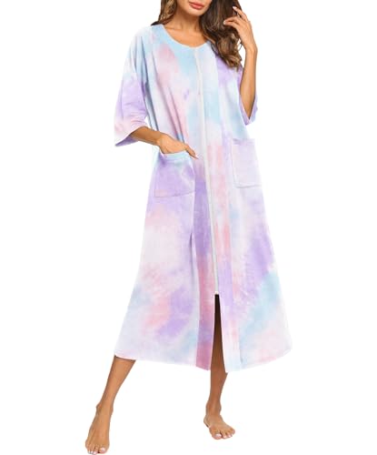 Ekouaer Robes For Women Zipper Front 3/4 Sleeve Housecoats with Pockets - color: Blue Tie Dye, size: Medium