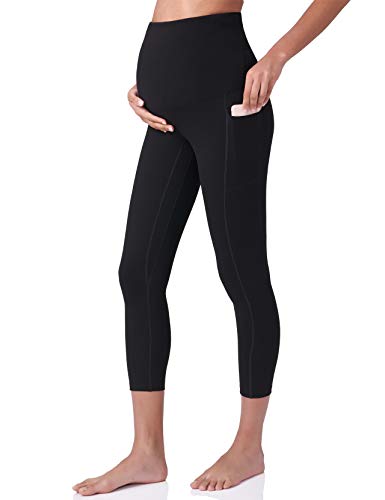 POSHDIVAH Maternity Capri Leggings with Pockets Pregnancy Workout Pants - color: Black, size: Medium