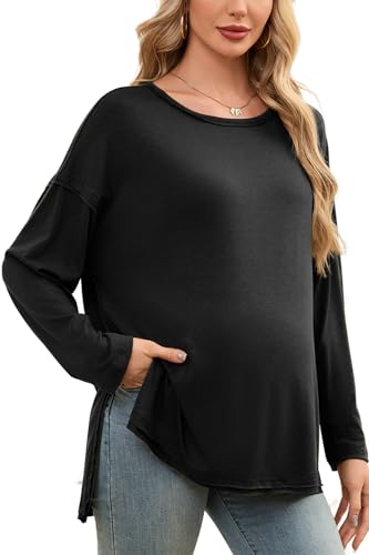 Smallshow Women's Long Sleeve Maternity Shirts Loose Tunic Pregnancy Tops - color: Black, size: X-Large