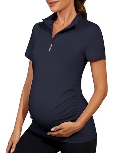 Viracy Womens Maternity Workout Tops 1/4 Zip Up Lightweight Short Sleeve Pregnancy Shirts for Work - color: Navy Blue, size: X-Large