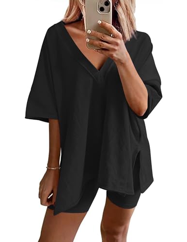 Ekouaer Womens 2 Piece Lounge Set Oversized V Neck Top Biker Short Pajamas - color: Black, size: Small