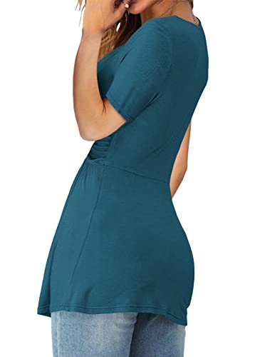Tankaneo Womens Front Knotted V-Neck Blouse T Shirt Short Sleeve Oversized Tunic Tops Summer Solid Pullover Tees - color: B06-lake Blue, size: Medium