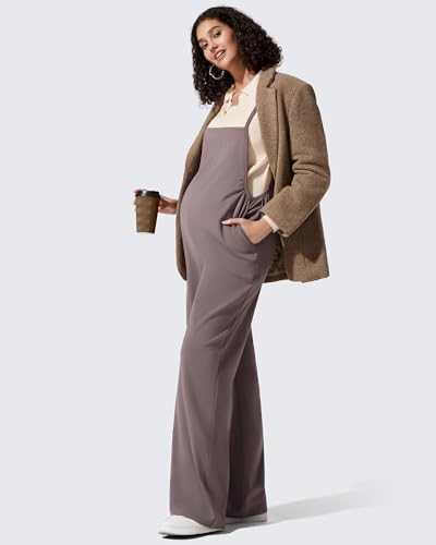 G4Free Maternity Jumpsuits Adjustable Strap Wide Leg Pregnancy Rompers - color: Taupe, size: X-Small