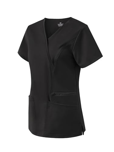 Scrub Tops for Woman, Mock Wrap Tops - color: Black, size: XX-Large