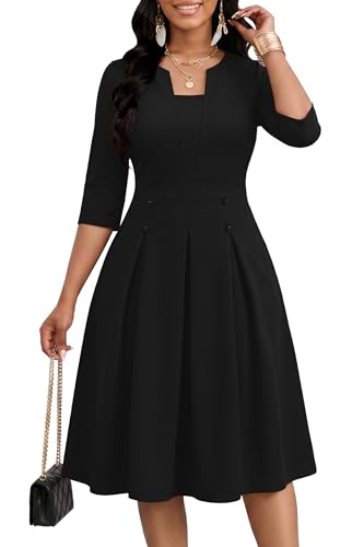 FANDEE Women's Church Midi Dress, 3/4 Sleeve A-Line Fit and Flare Work Dresses with Pockets - color: 002black, size: Medium