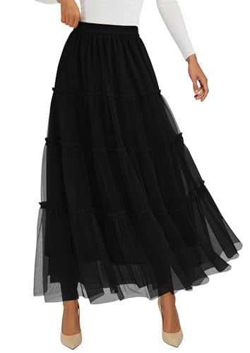 PRETTYGARDEN Women's Fall Soft Tulle Tiered Long Skirt - color: Black, size: Medium