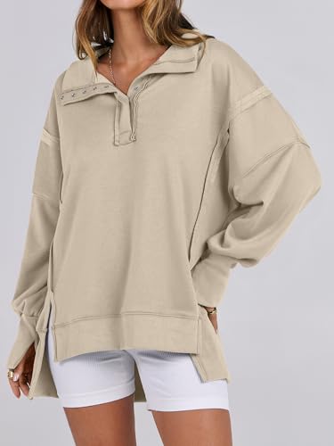 ANRABESS Sweatshirt for Women Oversized Casual Fall Henley Pullover Top - color: Apricot, size: Small
