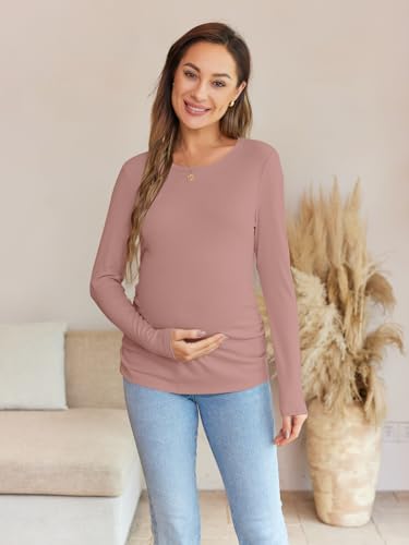 Women's Maternity Fall Tops Long Sleeve Crew Neck Ribbed Knit Slim Fitted Blouse Side Ruched Pregnancy Shirts - color: Long Sleeve-light Brown, size: Medium