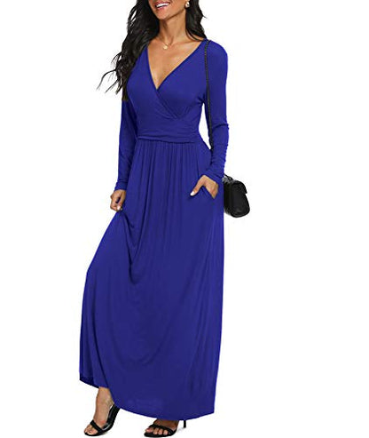 LILBETTER Women Long Sleeve Deep V Neck Loose Plain Long Maxi Casual Dress - color: Royal Blue, size: X-Large