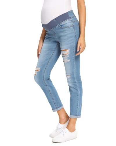 Foucome Women's Maternity Jeans Stretch Ripped Boyfriend Jeans - color: 066# - Blue, size: Large