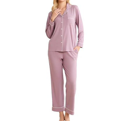 LYCY Cotton Pajamas for Women Set Long Sleeve Lounge Button Up with Pockets - color: Dusty Purple, size: Medium
