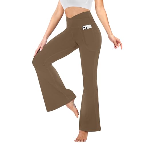 YOLIX Flare Leggings for Women with Pockets - Crossover High Waisted Black Flared Leggings for Yoga Gym Workout - color: Brown Mocha, size: X-Small