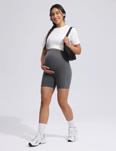 POSHDIVAH Creamluxe Maternity Biker Shorts with Pockets 6"/8" - color: Charcoal Gray, size: Large