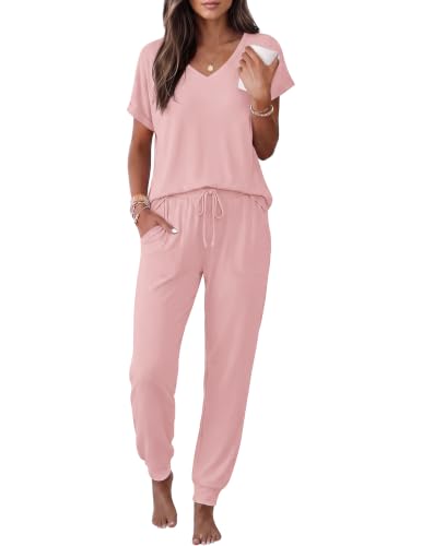 Ekouaer Womens Pajama Sets 2 Piece Lounge Set Short Sleeve Jogger Pants Pjs - color: Pink, size: Medium