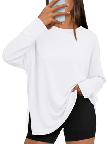 Trendy Queen Womens Oversized Side Slit Long Sleeve Shirts Fall Tops - color: White, size: Large