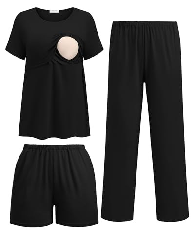 Ekouaer 3 Pack Postpartum Nursing Pajamas Breastfeeding Maternity Clothes - color: Black, size: Medium