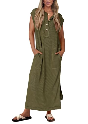 KIRUNDO Womens Summer Ribbed Knit Short Sleeve Maxi Dress - color: Army Green, size: Medium