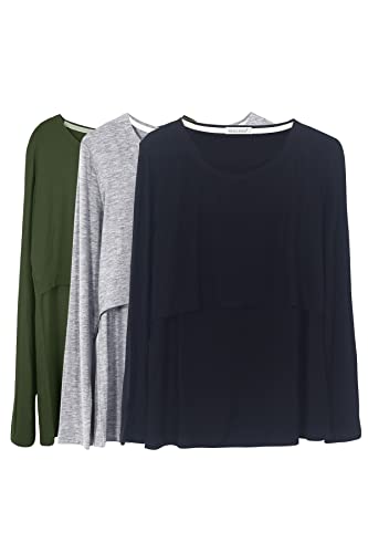 Smallshow Women's Nursing Tops Long Sleeve Breastfeeding Shirts 3 Packs - color: Army Green-black-light Grey(3 Packs), size: Medium