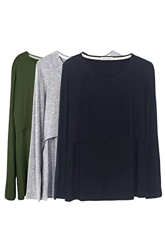 Smallshow Women's Nursing Tops Long Sleeve Breastfeeding Shirts 3 Packs - color: Army Green-black-light Grey(3 Packs), size: Medium
