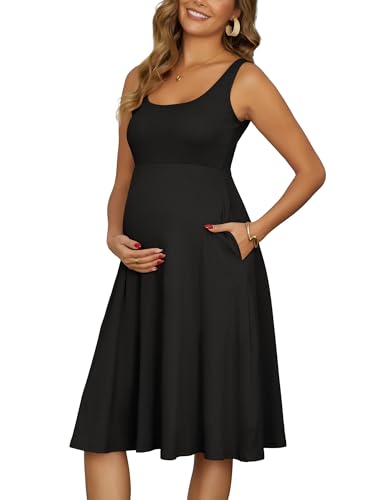 Women's Maternity Dress with Pockets Sleeveless Square Neck - color: Black, size: Medium