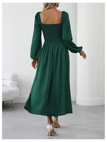 Floerns Women's Square Neck Lantern Long Sleeve Split Ruched Midi Dresses - color: Dark Green, size: X-Small