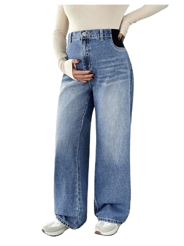 MakeMeChic Women's Maternity Jeans Loose Fit Over The Belly Pants - color: Blue and White, size: Medium