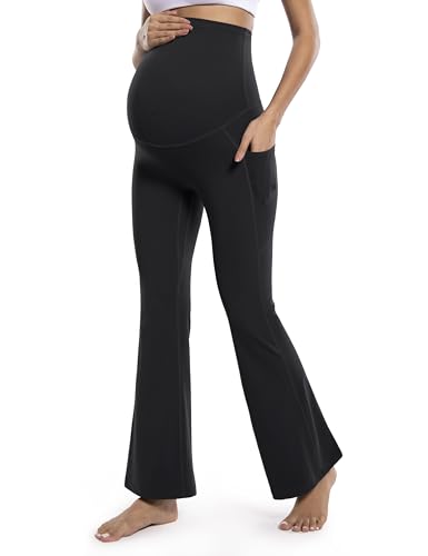 POSHDIVAH Maternity Flare Leggings with Pockets - color: Black, size: Medium