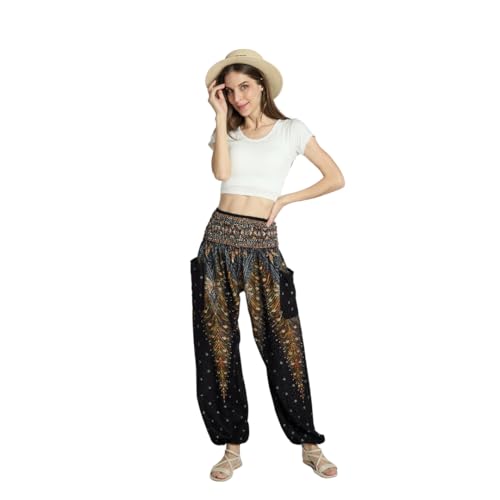 Tranquil Threads High-Waisted Boho Harem Yoga Pants for Women - color: Golden Black, size: Medium