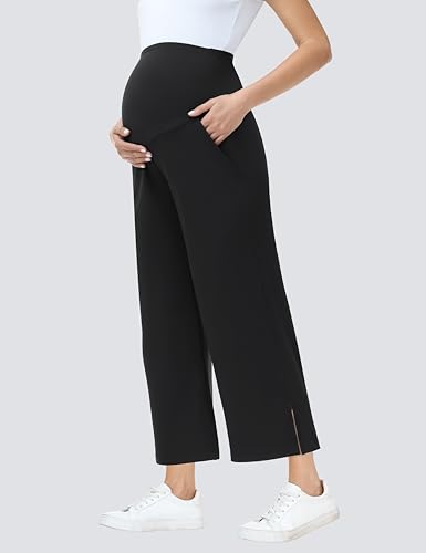 Foucome Women's Maternity Capris Wide Leg Cropped Pants - color: Black, size: Large