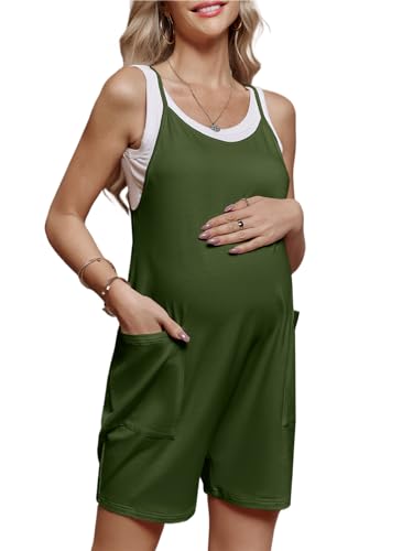 FMEYOA Maternity Romper Sleeveless Overall Shorts Jumpsuit with Pockets - color: Army Green, size: Medium