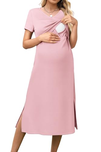 OUGES Womens 2026 Summer Short Sleeve Maternity Nursing Dress V Neck Breastfeeding Split Long Dress Pregnancy Clothes - color: Pink, size: Large